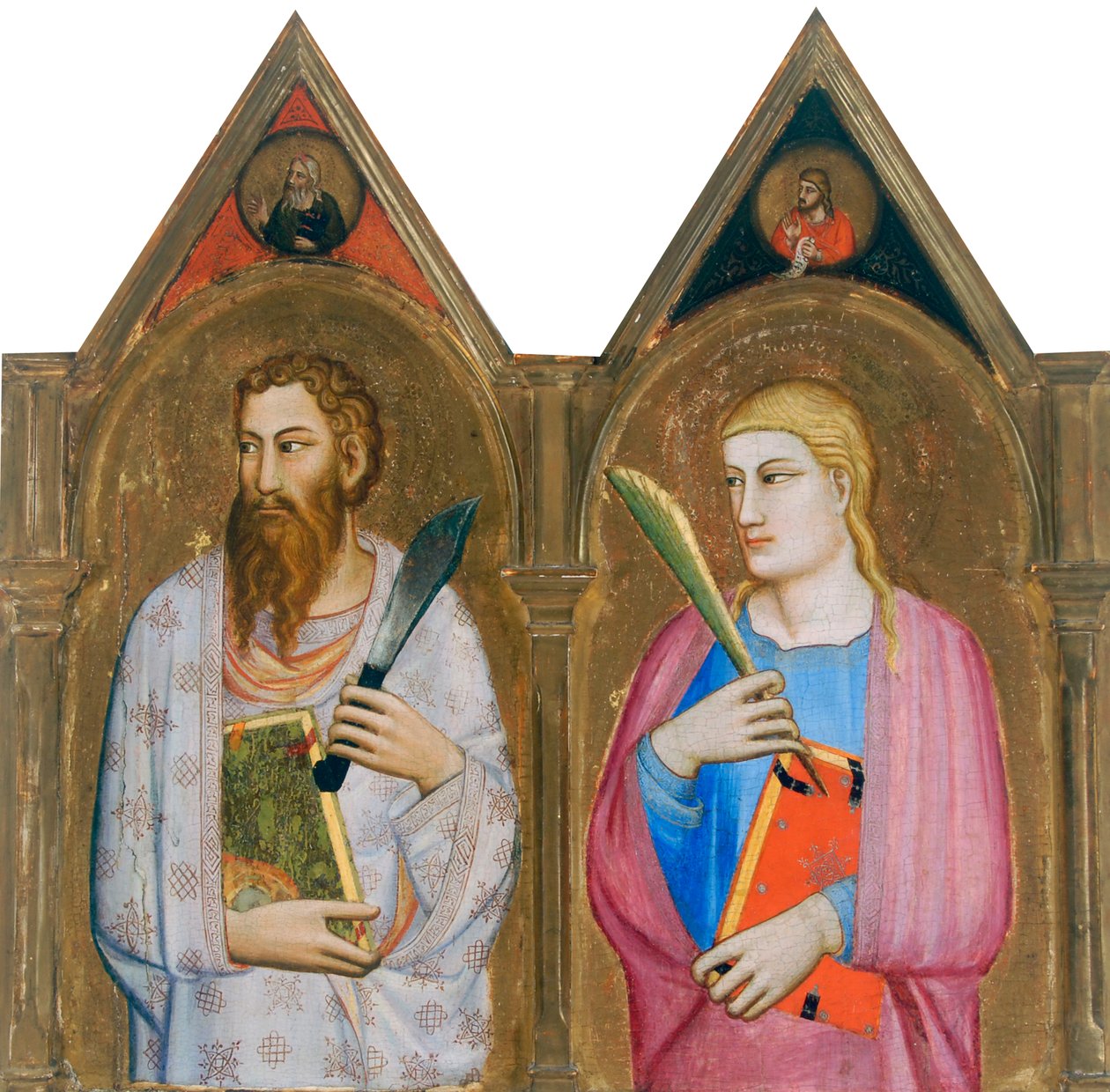 Saint Bartholomew og Saint John the Evangelist (højre paneler af triptykon) (tempera og bladguld på panel) af Giovanni del (follower of) Biondo