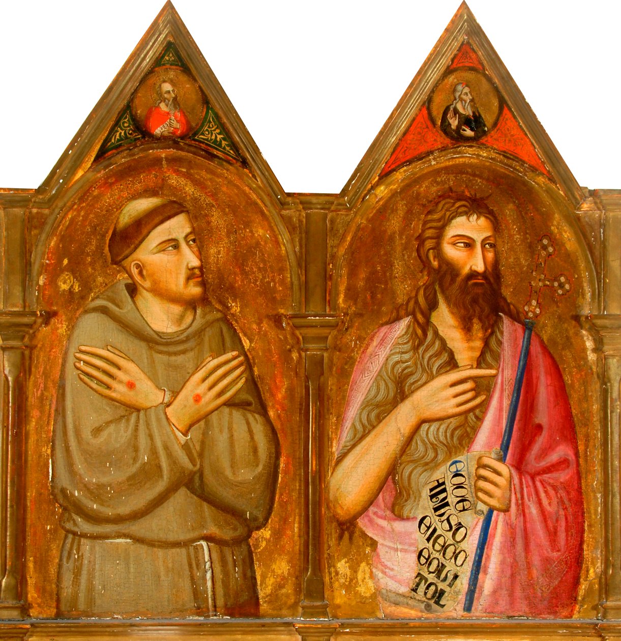 Saint Francis og Johannes Døberen (venstre paneler af triptykon) (tempera og bladguld på panel) af Giovanni del (follower of) Biondo