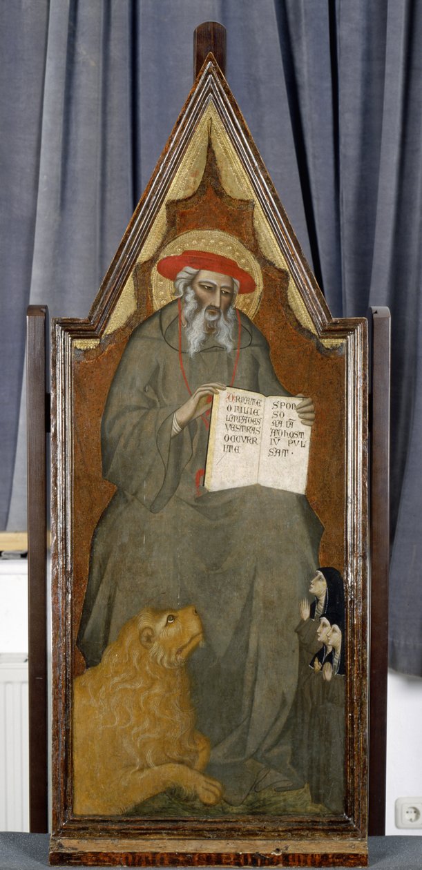 Sankt Hieronymus med løve og tre bedende nonner, ca. 1360 (tempera på poppeltræ) af Giovanni del Biondo dal Casentino