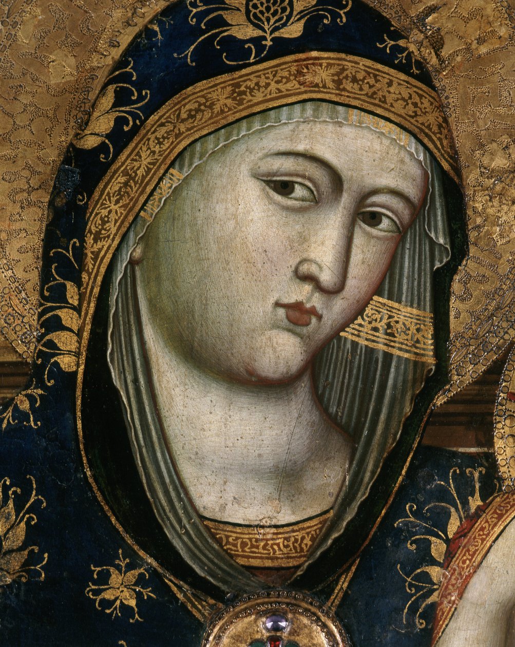 Jomfru og barn, detalje. Jomfru Marias ansigt dækket med et gennemsigtigt stof og en hætte lavet af rødt stof. Detalje af portrættet af Jomfruen og Barnet. Maleri af Giovanni Del Biondo (ca. 1356-1398). Polyptykon. italiensk altertavle. Dimension: 140x af Giovanni del Biondo dal Casentino