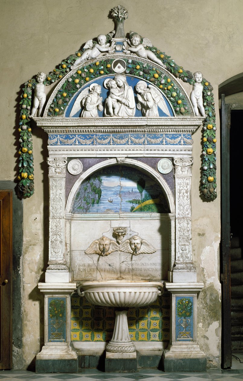 Decoree springvand med et højt relief i marmor og terracotta af Giovanni della Robbia (1469-1529) 1498. Santa Maria Novella sakristi, Firenze af Giovanni della Robbia