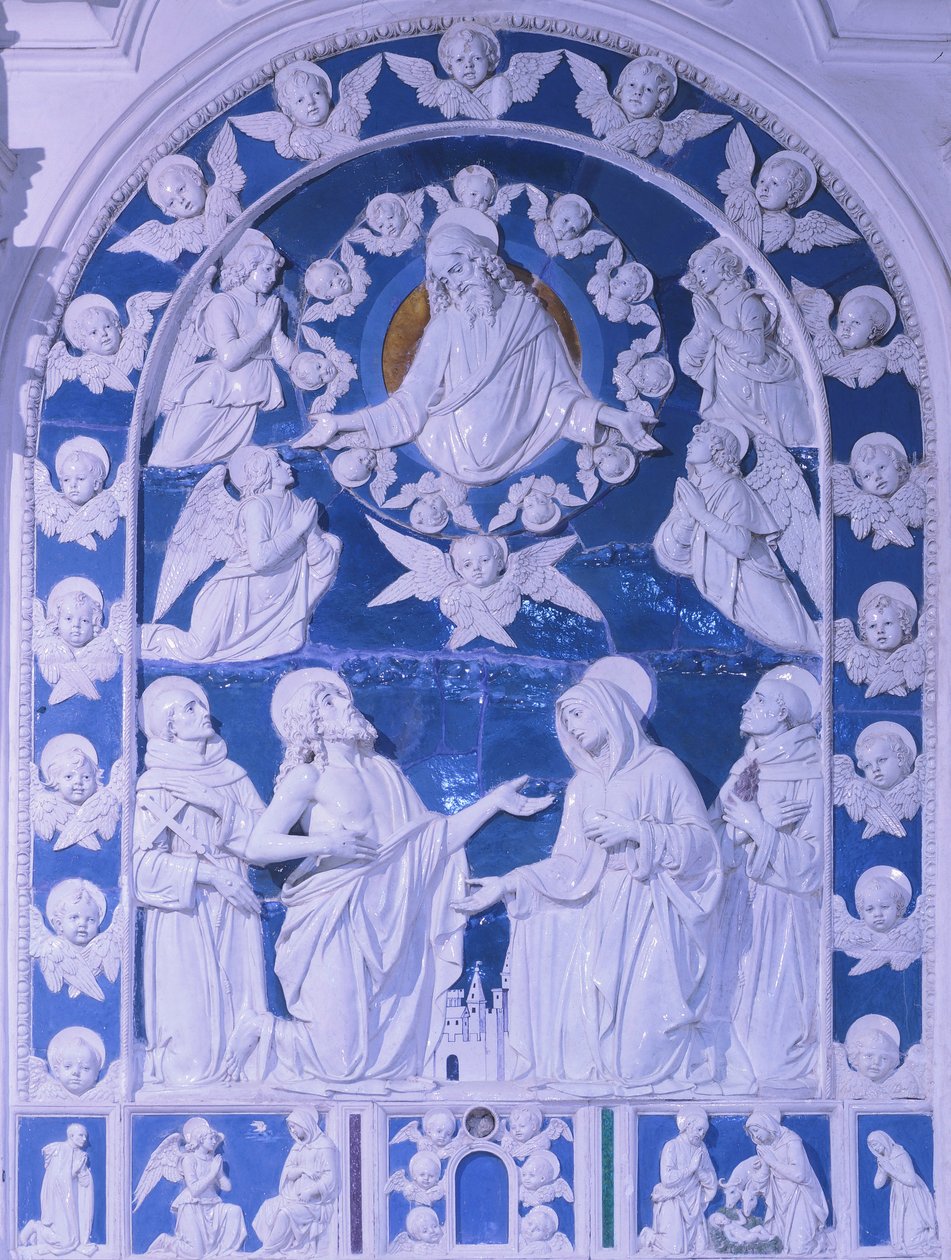 Madonnaen mellem de hellige Frans, Dominic og Bernard, af Giovanni della Robbia (1469-1529), San Francesco-kirken i Foiano della Chiana, Toscana af Giovanni della Robbia
