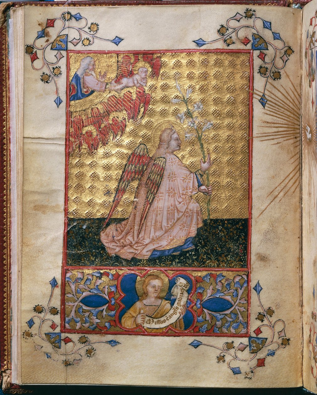 Italien, Bebudelse: Englen med en lilje, miniature af Giovanni di Benedetto da Como, fra Officium Beatae Mariae Virginis af Alberto de Porcelis af Giovanni di Benedetto da Como