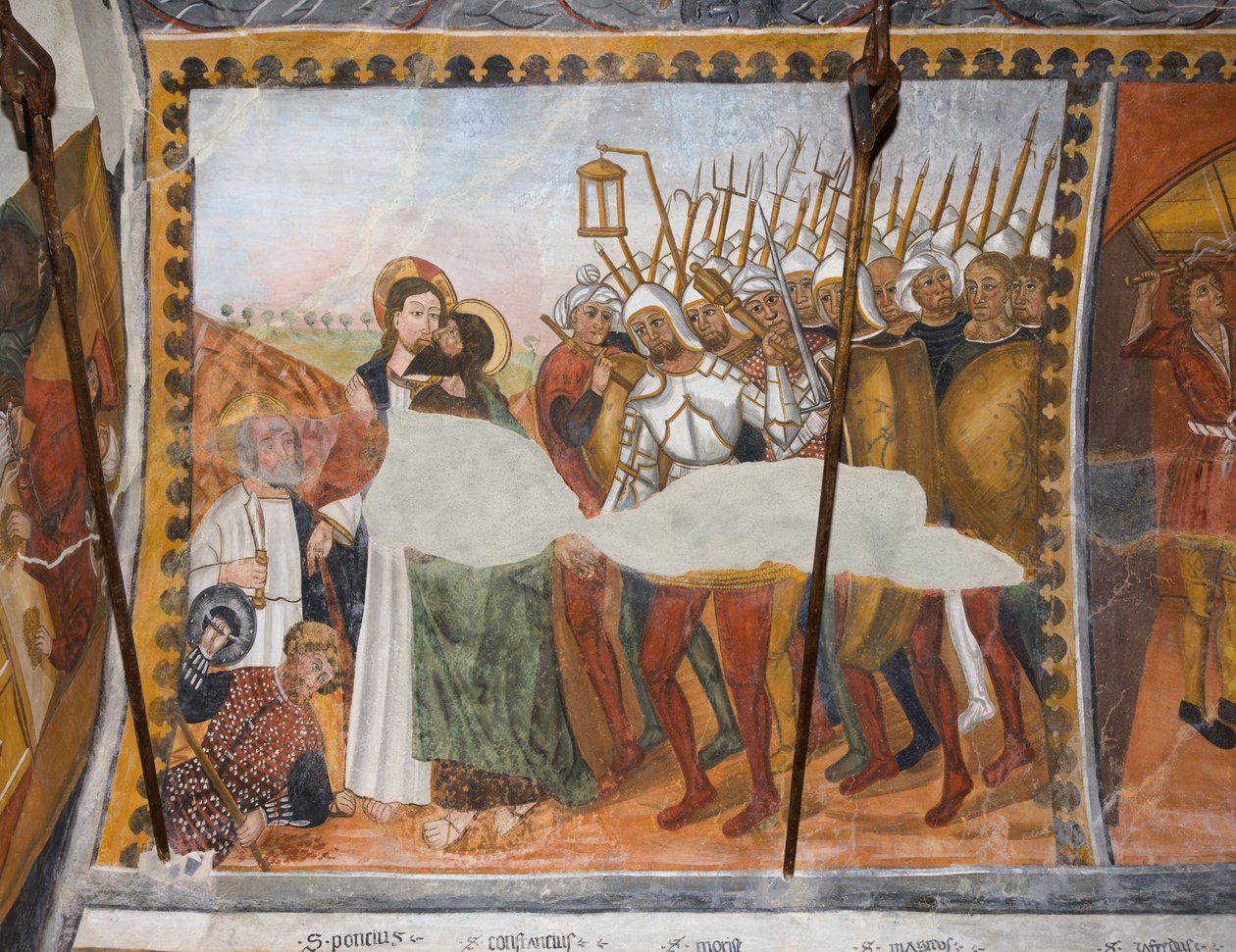 Fortællinger om Kristi lidelseshistorie: Jesus forrådt med et kys af Judas og taget til fange af Giovanni di Cherasco Botoneri