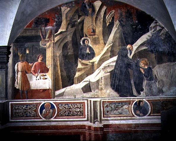 Skt. Benedikte modtager brød og en kappe fra eremiten Romano, detaljer fra freskomaleriet i St. Benedikts liv fra Chiostro degli Aranci (appelsinernes kloster) ca. 1430