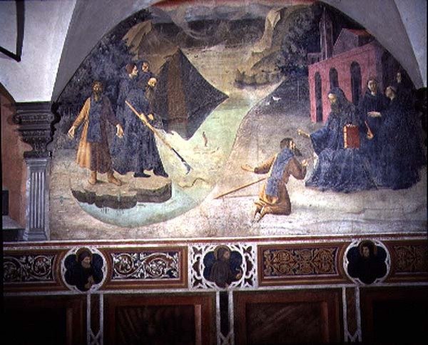 Skt. Benedikte henter skovhuggerøksen fra søen, detaljer fra freskomaleriet i St. Benedikts liv fra Chiostro degli Aranci (appelsinernes kloster) ca. 1430