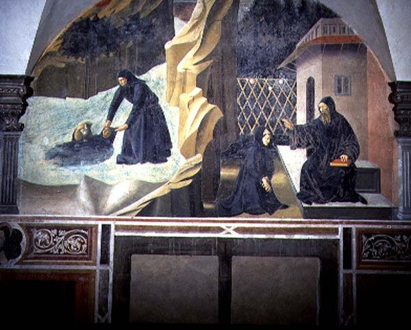 Skt. Benedikte sender Mauro for at redde den druknende Placidus fra søen, detaljer fra freskomaleriet i St. Benedikts liv fra Chiostro degli Aranci (appelsinernes kloster) ca. 1430