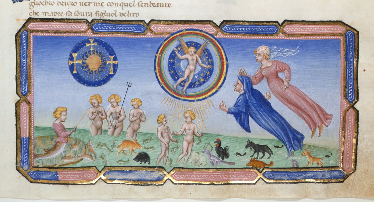 Dante og Beatrice vidner til sfærerne og korsene, himlens sfærer med kærlighed, en fiskende havfrue og skabninger i værens hav, fra Paradiso i 