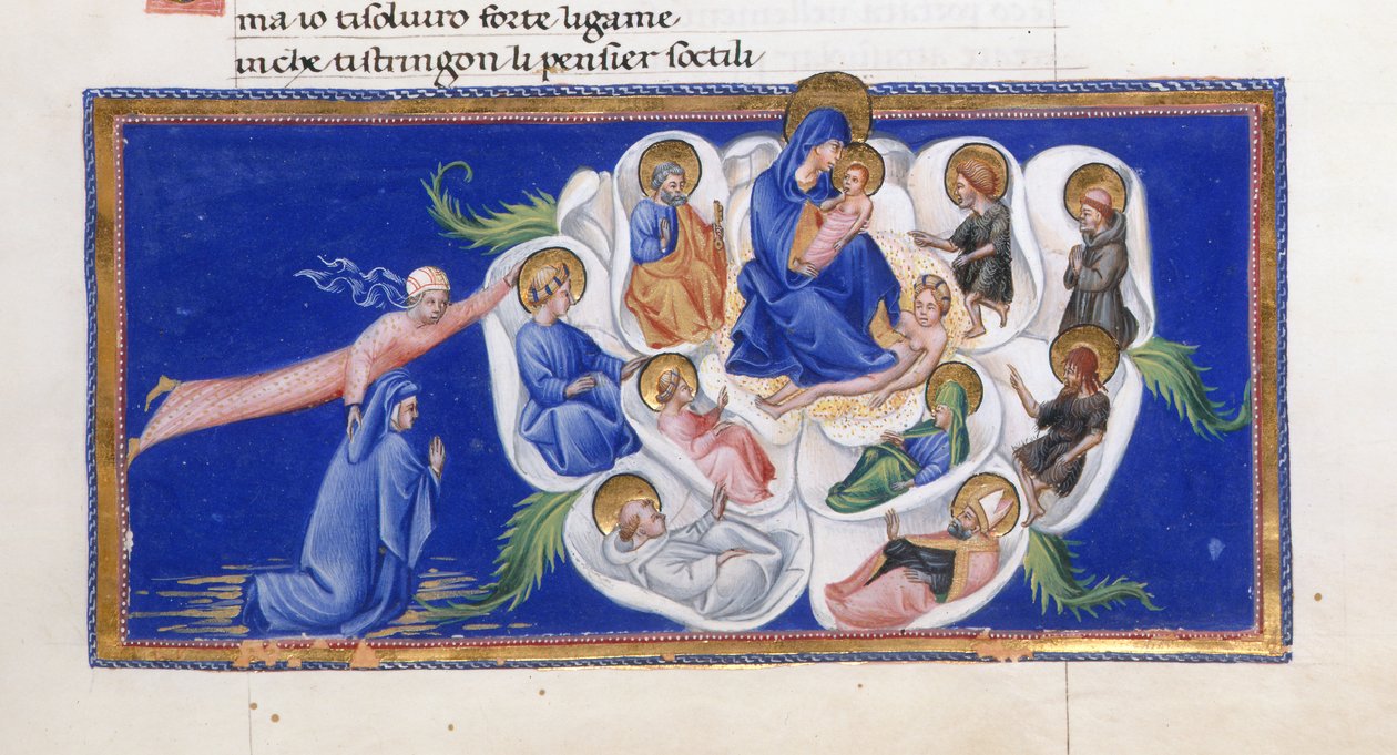 Dante og Beatrice før Jomfruen og Barnet, som sidder i den himmelske Rose, omgivet af forskellige helgener, fra Paradiso i 
