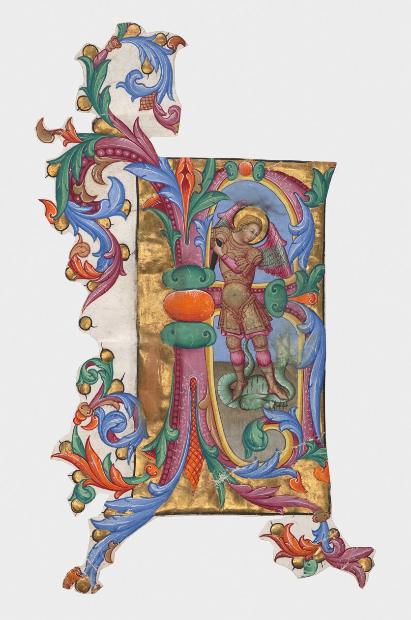 Initiale R oder B: Heiliger Michael und der Drache, Ausschnitt aus einem Antiphonar af Giovanni di Paolo