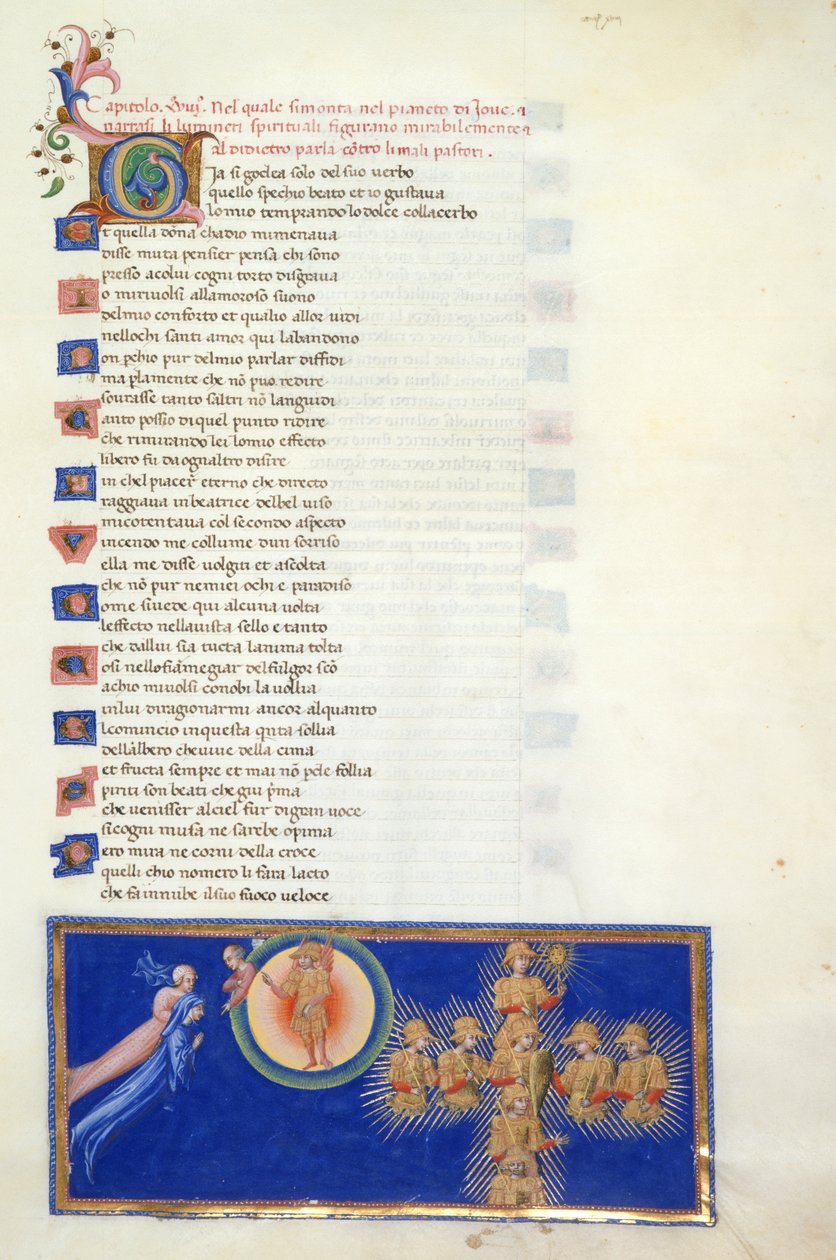 Paradiso, Canto XVIII. Miniature viser Dante og Beatrice svævende foran halvfiguren af Cacciaguida, som er i periferien af Mars-himlen, som har Mars-figuren med vinger i centrum. Dante får vist de otte hellige krigere, der optræder i af Giovanni di Paolo