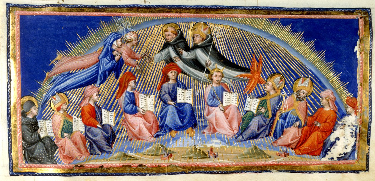 Paradiso, Canto X. Beatrice og Dante svæver ved siden af Solens himmel og møder dem, der er kendt for deres visdom. De bliver mødt af St. Thomas Aquinas med Albertus Magnus. Nedenfor sidder ti repræsentanter for visdom; Bede, St. Ambrosius, Isidore af Sev af Giovanni di Paolo