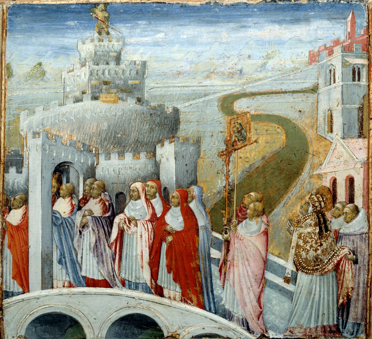 Procession af pave Gregoire I sagde den Store eller Dialogen (532-604) (til højre) ved Chateau Saint Angelo (Castel Sant