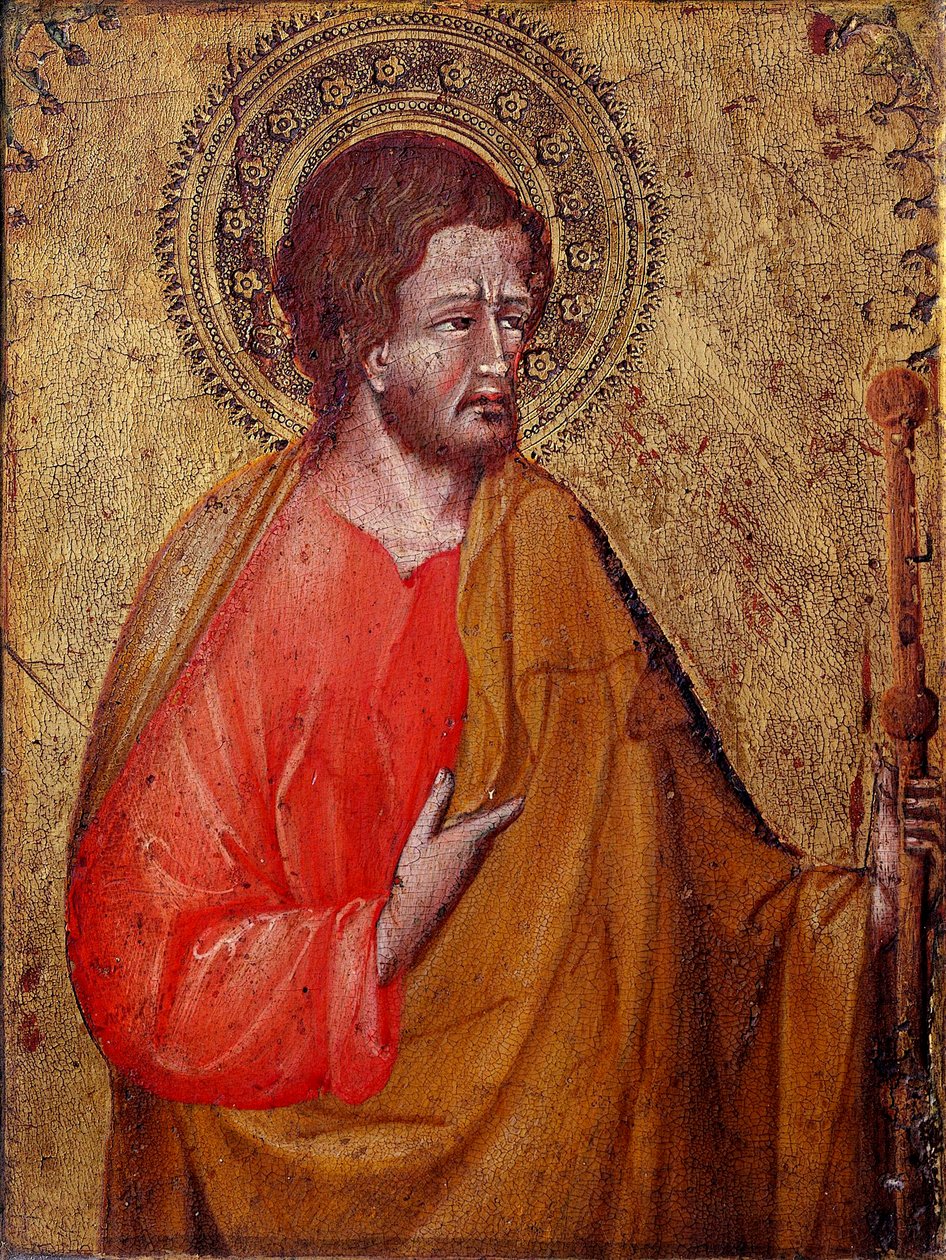 Repræsentation af Sankt Jakob Pelerin Dette er Sankt Jakob Major eller Sankt Jakob, søn af Zebedæus. Maleri af Giovanni di Paolo (1395 / 1400-1482) Assisi fra det 15. århundrede, Museum of the Treasury of the Basilica of San Francesco og Perkins Collection af Giovanni di Paolo