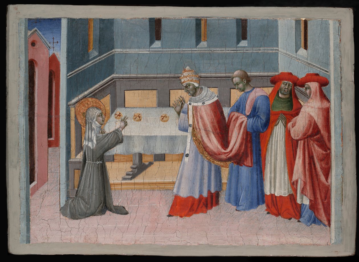Den hellige Clare af Assisi velsigner brødet foran pave Innocentius IV af Giovanni di Paolo
