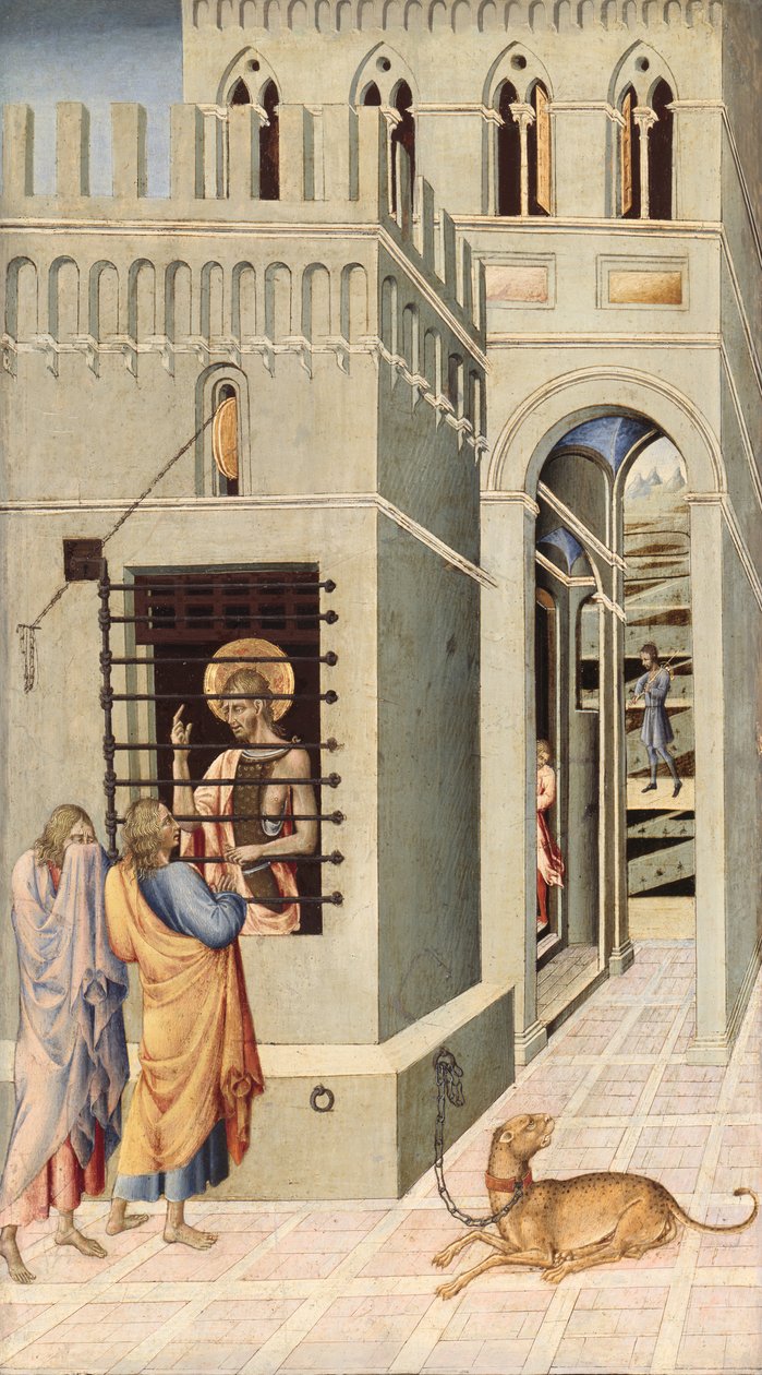 Johannes Døberen i fængslet besøgt af to disciple, 145560. af Giovanni di Paolo