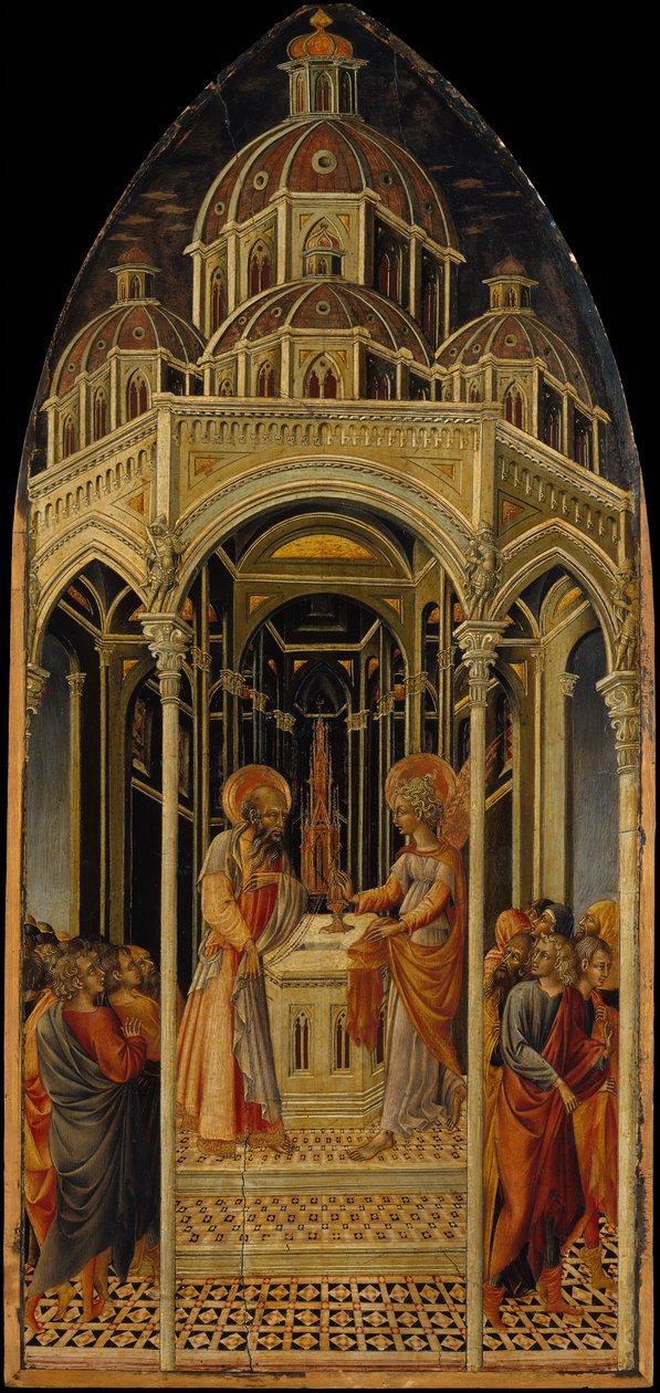 Bebudelsen til Zacharias, verso Bebudelsens engel, ca. 1455-60. af Giovanni di Paolo