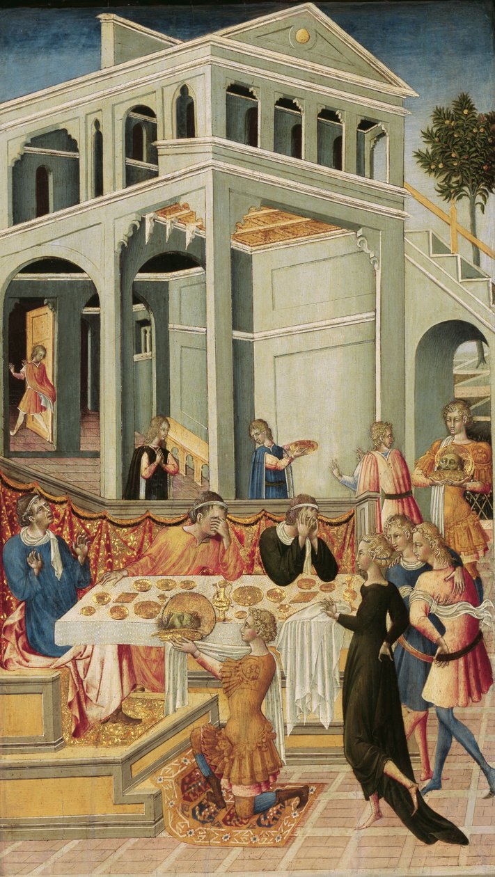 Johannes Døberens hoved bragt for Herodes, 1455-1460 af Giovanni di Paolo