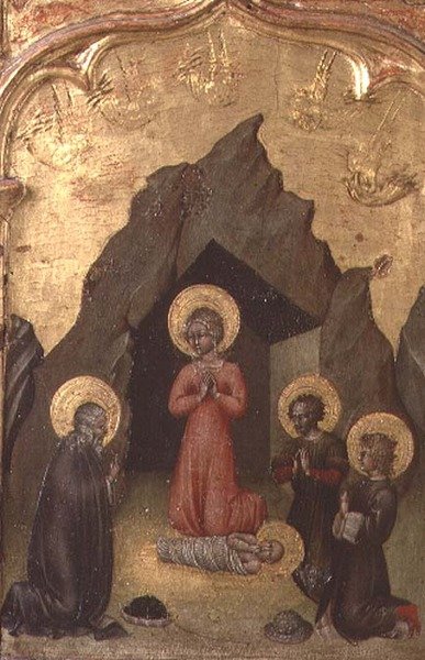 Tilbedelse af barnet af Jomfruen, St. Joseph og to helgener af Giovanni di Paolo di Grazia