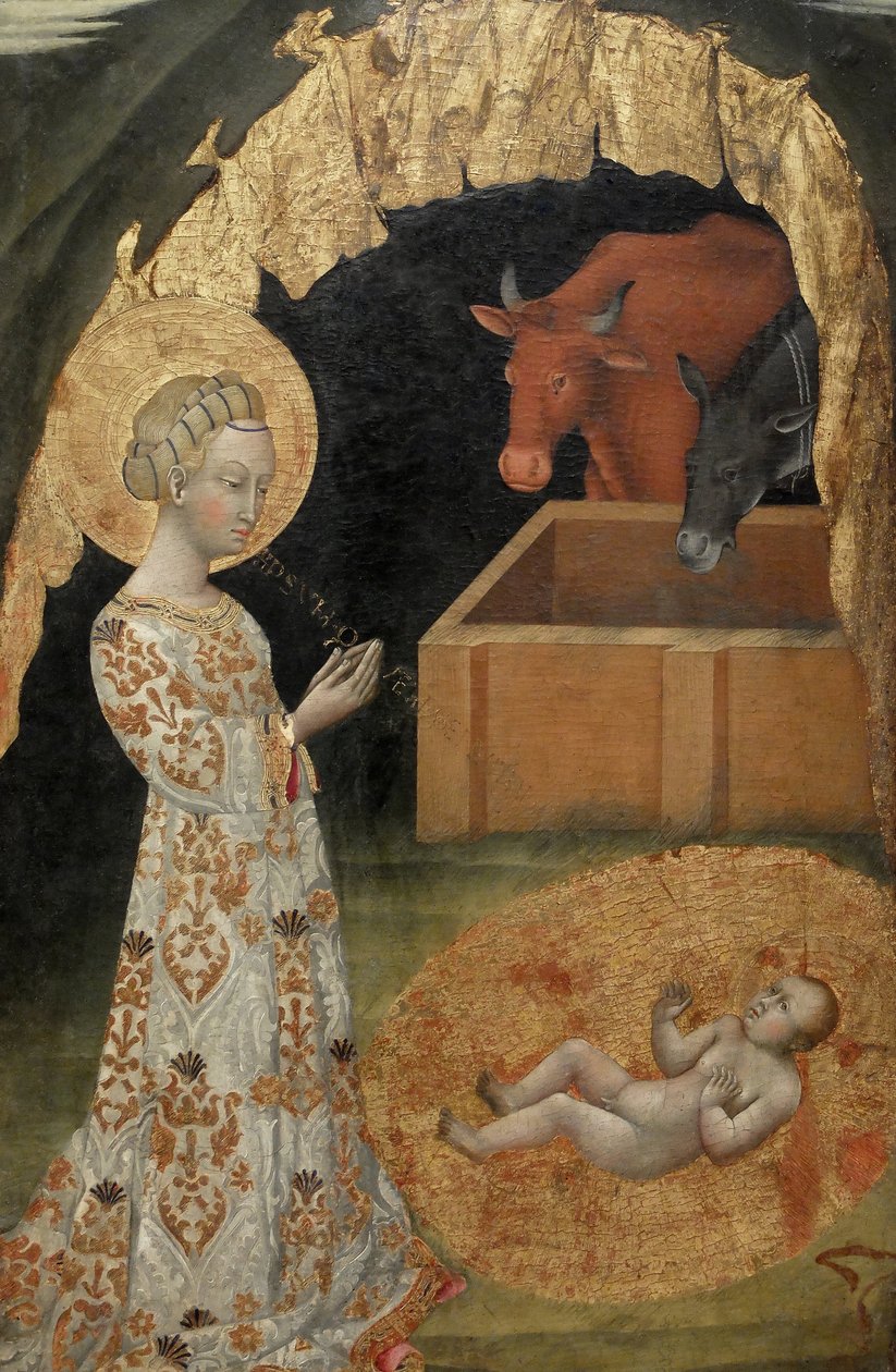 La Nativity, Saint Victtorino, Saint Ansano, central detalje (maleri på træ) af Giovanni di Paolo di Grazia