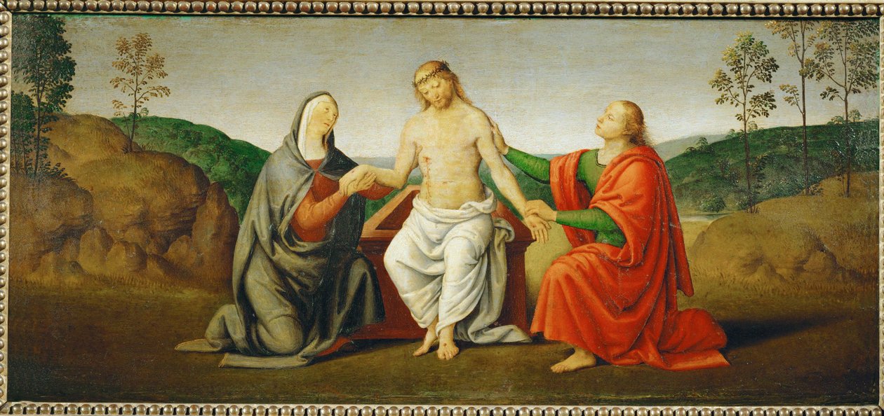 Den døde Kristus støttet af Jomfru Maria og apostlen Johannes ... af Giovanni di Pietro (c.1450 1529) (studio of)
