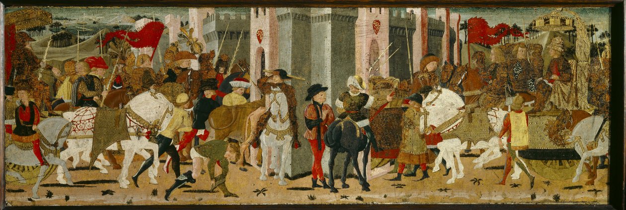 Panel of Cassone: Romulus og Tatius triumferende indtog i Rom af Giovanni di Ser Giovanni