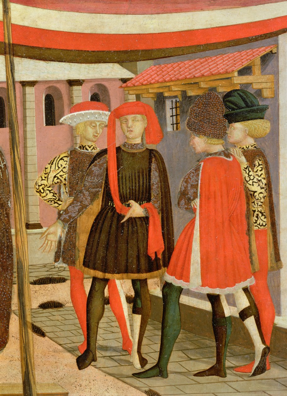 Frontal fra Adimari Cassone, detalje af fire mænd, ca. 1450 tempera på paneldetalje af 80304 af Giovanni di Ser Giovanni