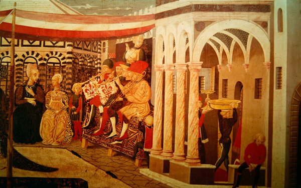 Frontalbillede fra Adimari Cassone med en bryllupsscene foran døbefonten, ca.1450 af Giovanni di Ser Giovanni Scheggia