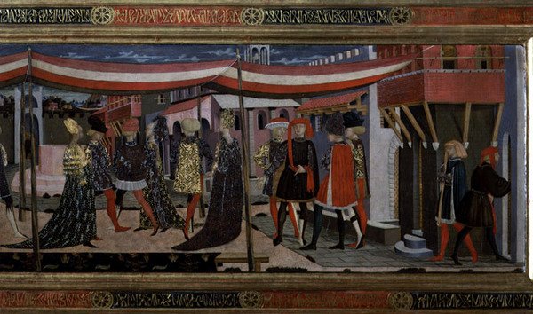Frontal fra Adimari Cassone, detalje af højre sektion, ca. 1450 (tempera på panel) (detalje af 80304) af Giovanni di Ser Giovanni Scheggia