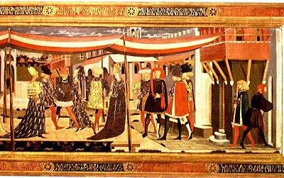 Frontal fra Adimari Cassone, detalje af højre sektion, ca. 1450 (tempera på panel) (detalje af 80304) (se også 123486) af Giovanni di Ser Giovanni Scheggia