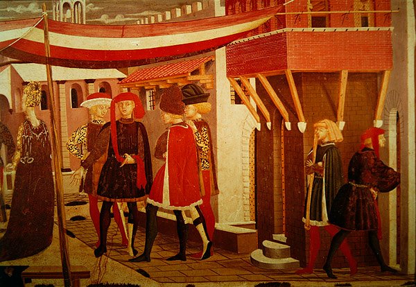 Frontal fra Adimari Cassone, detalje af højre panel, ca. 1450 (tempera på panel) (detalje af 166335, se også 80304) af Giovanni di Ser Giovanni Scheggia