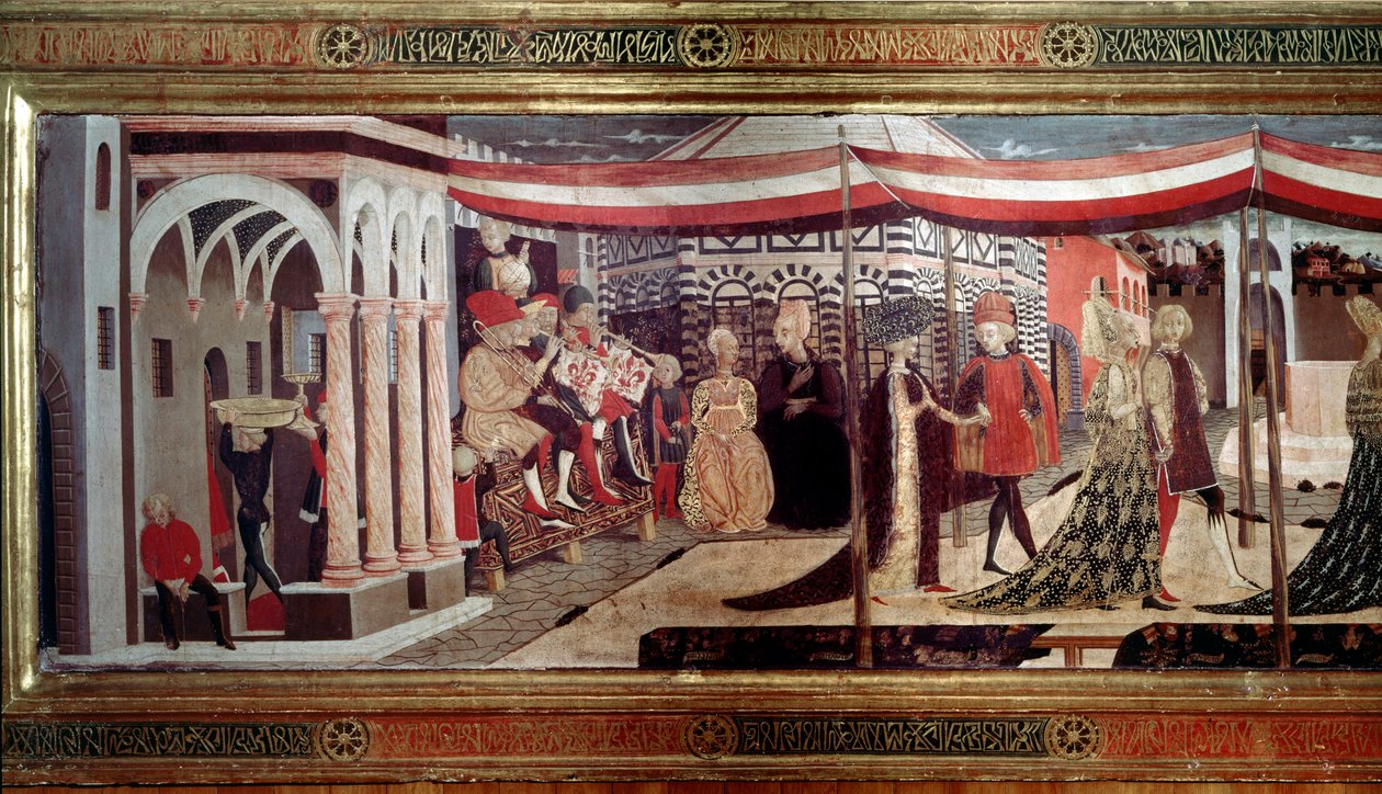 Renæssancebryllupsceremoni Detalje af venstre del af panelet, der dekorerer Cassone Adimari. Bryllupsscene på Piazza del Duomo (Plaza de la Cathedrale Santa Maria del Fiore). Musikere sidder på en scene og spiller trompet, trombone og slaginstrument af Giovanni di Ser Giovanni Scheggia