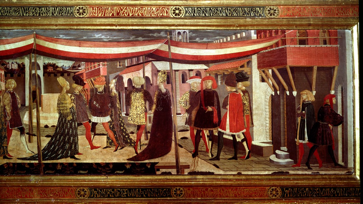 Renæssancebryllupsceremoni Detalje af venstre del af panelet, der dekorerer Cassone Adimari. Bryllupsscene på Piazza del Duomo (Plaza de la Cathedrale Santa Maria del Fiore). Par i kortegen rykker frem under en baldakin. Maleri af Giovanni di Ser G af Giovanni di Ser Giovanni Scheggia