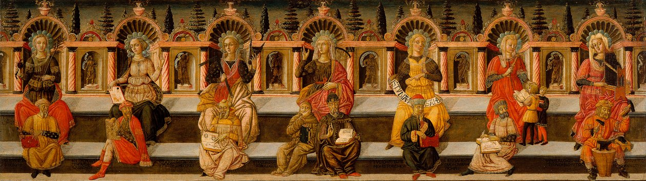 ""de syv liberale kunster"" (Aritmetik, geometri, musik, astrologi, logik, retorik og grammatik) - De syv liberale kunster - Maleri af Giovanni di Ser Giovanni af Giovanni di Ser Giovanni Scheggia