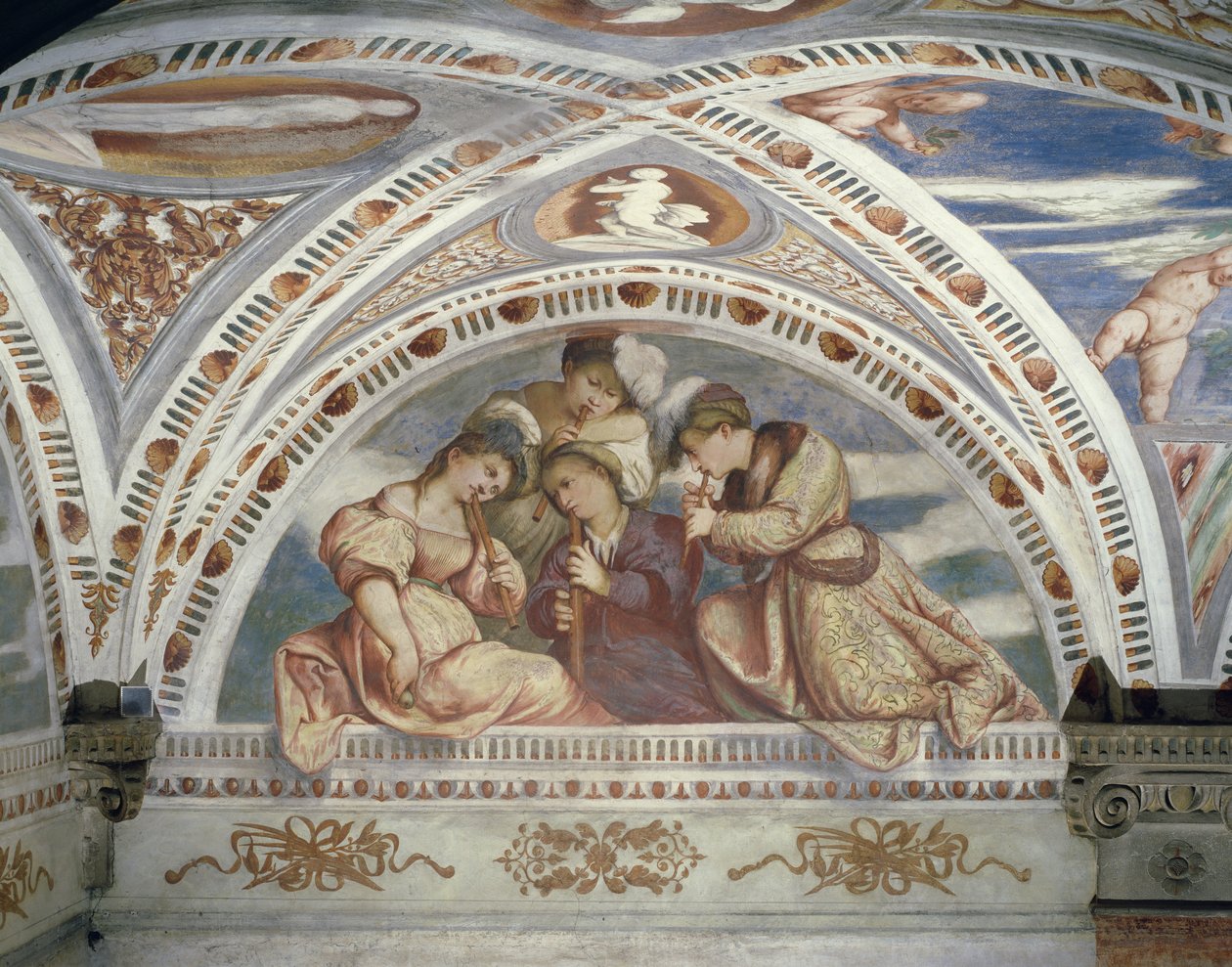 Bezel forestillende en koncertkvartet af blokfløjtespillere, 1532 af Girolamo Romanino