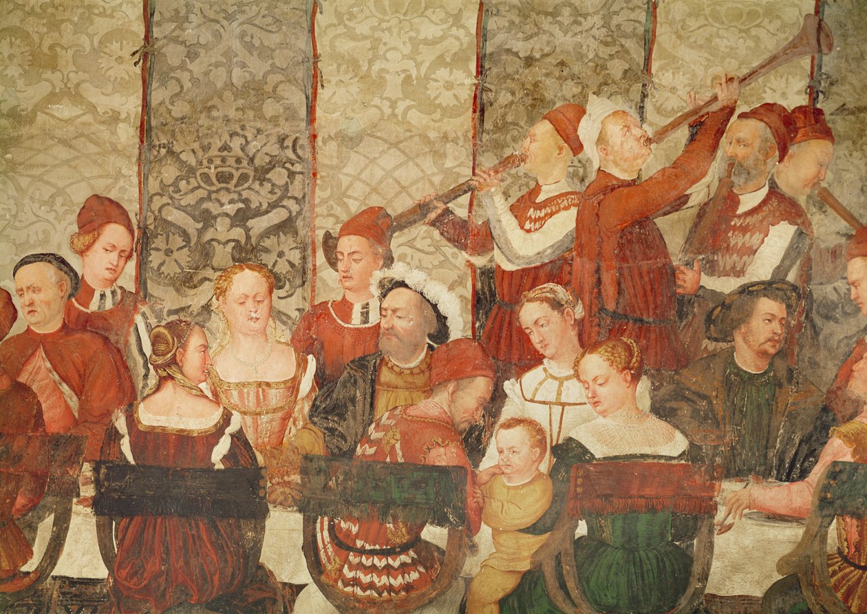 Gæster ved banketten givet af Bartolomeo Colleoni for kong Christian I af Danmark på Slottet i Malpaga i 1474, 1520-30 (detaljer) af Girolamo Romanino