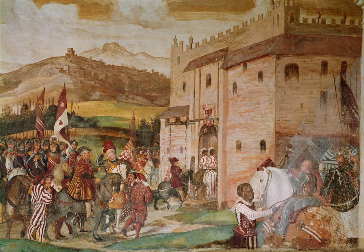 Modtagelse af kong Christian I af Danmark af condottiere, Bartolomeo Colleoni, på Slottet i Malpaga i 1474, 1520-30 af Girolamo Romanino