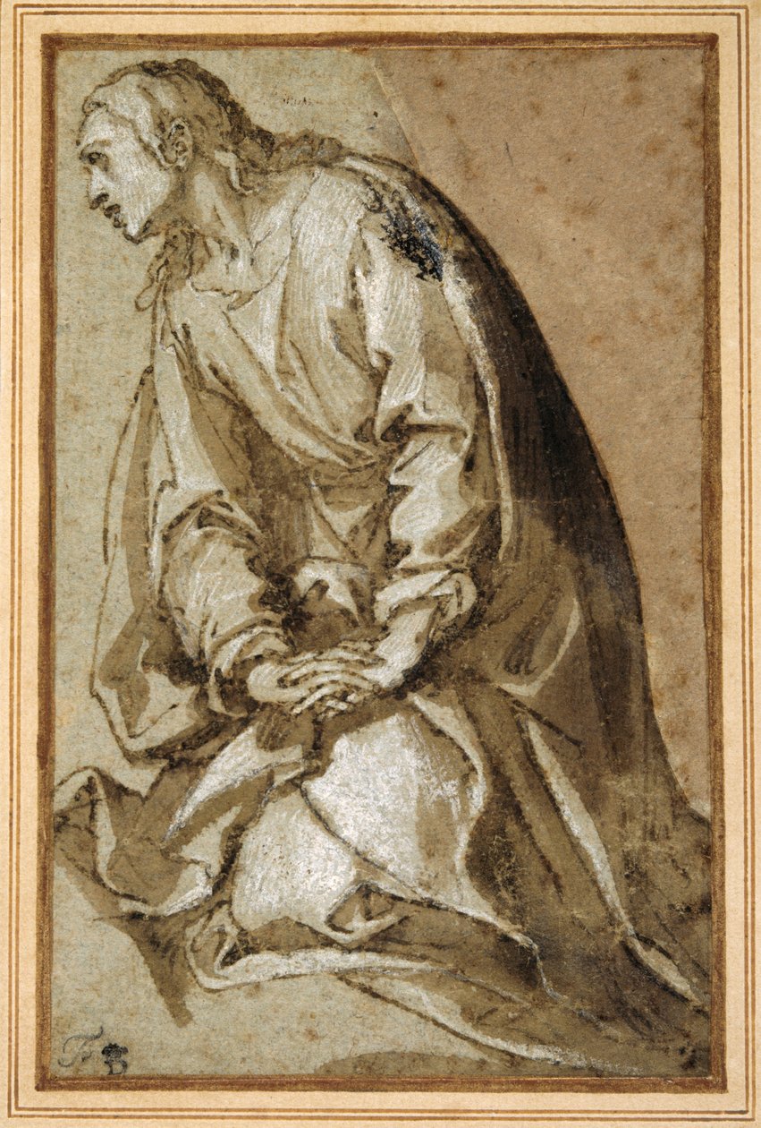 En ung helgen, der knæler i bøn (pen og brunt blæk med brun vask og forhøjning) af Girolamo (circle of) Muziano