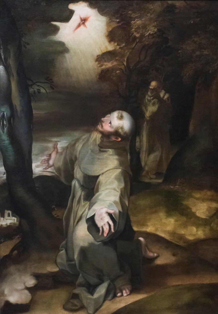 St. Francis modtager stigmata (olie på træpanel) af Girolamo (follower of) Muziano