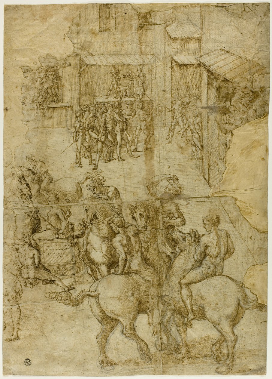 Mytologisk pageant (recto); Ulæselige inskriptioner og anatomiske undersøgelser af hoved (verso) af Girolamo Genga