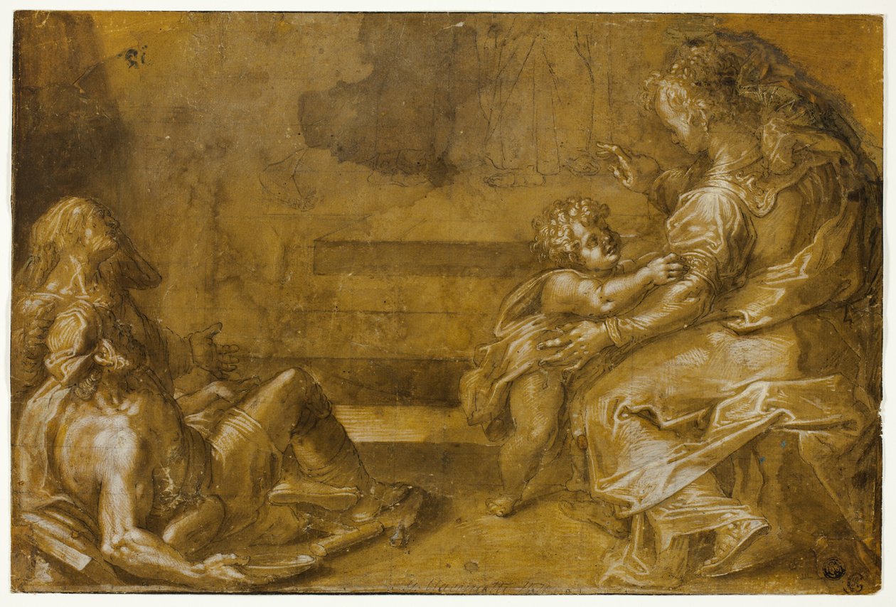 To liggende tiggere og siddende mor og barn ved trappefoden af Girolamo Macchietti