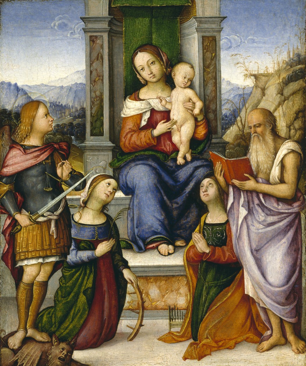 Jomfruen og barnet med de hellige Mikael, Katarina af Alexandria, Cecilia og Hieronymus på tronen, ca.1512 af Girolamo Marchesi da Cotignola