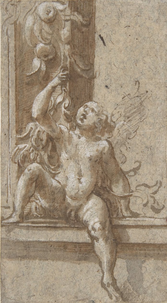 En Putto siddende på en ramme, ca. 1538-40. af Girolamo Mazzola Bedoli