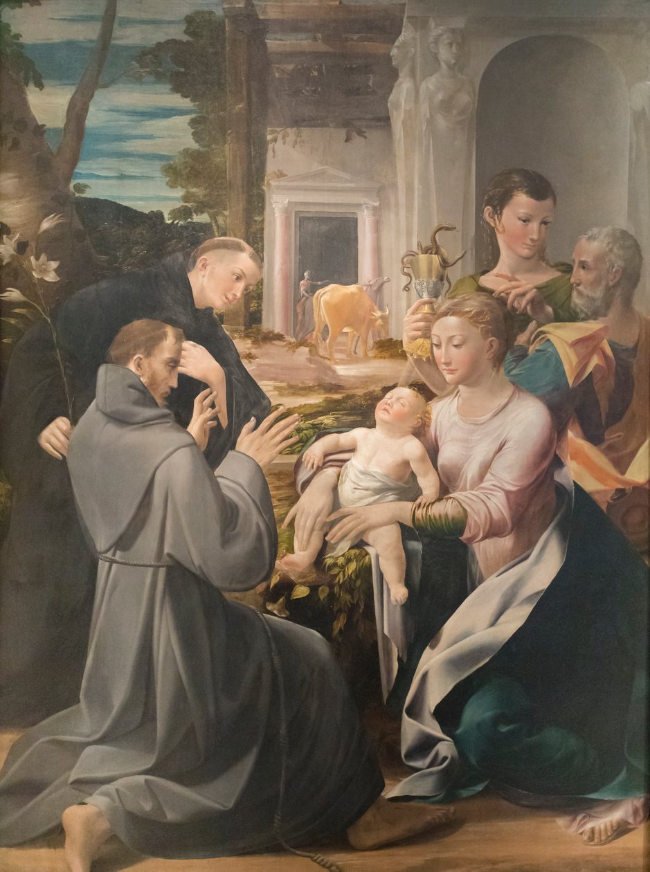 Hellig familie med den hellige Antonius af Padua, den hellige Frans af Assisi og den hellige Johannes evangelisten, Girolamo Mazzola Bedoli af Girolamo Mazzola Bedoli