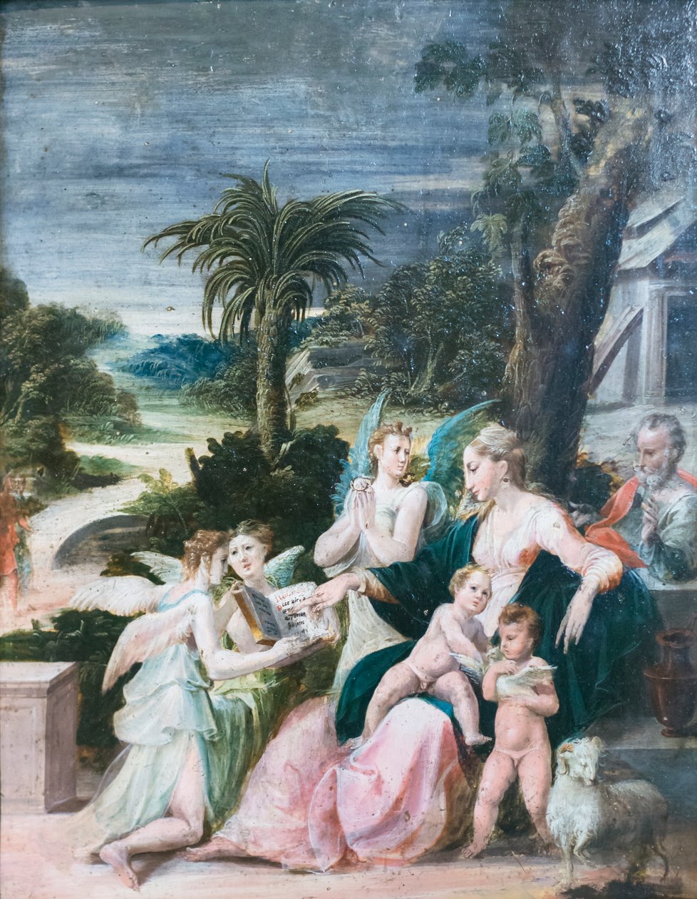 Hellig familie med baptisten og engle af Girolamo Mazzola Bedoli