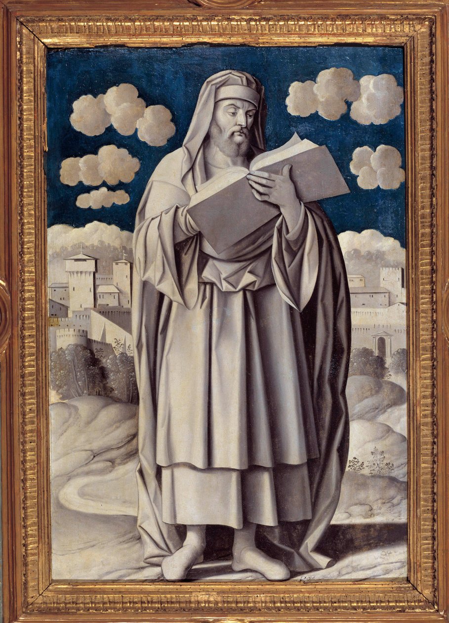 Portræt i foden af ​​den græske filosof Aristoteles (384-322 f.Kr.) Maleri af Girolamo Mocetto (1458-1531) 1531 Paris. Musee Jacquemart Andre - Portræt i fuld længde af den græske filosof Aristoteles (384-322 f.Kr.). Maleri af Girolamo Mocetto (1458-1531) af Girolamo Mocetto