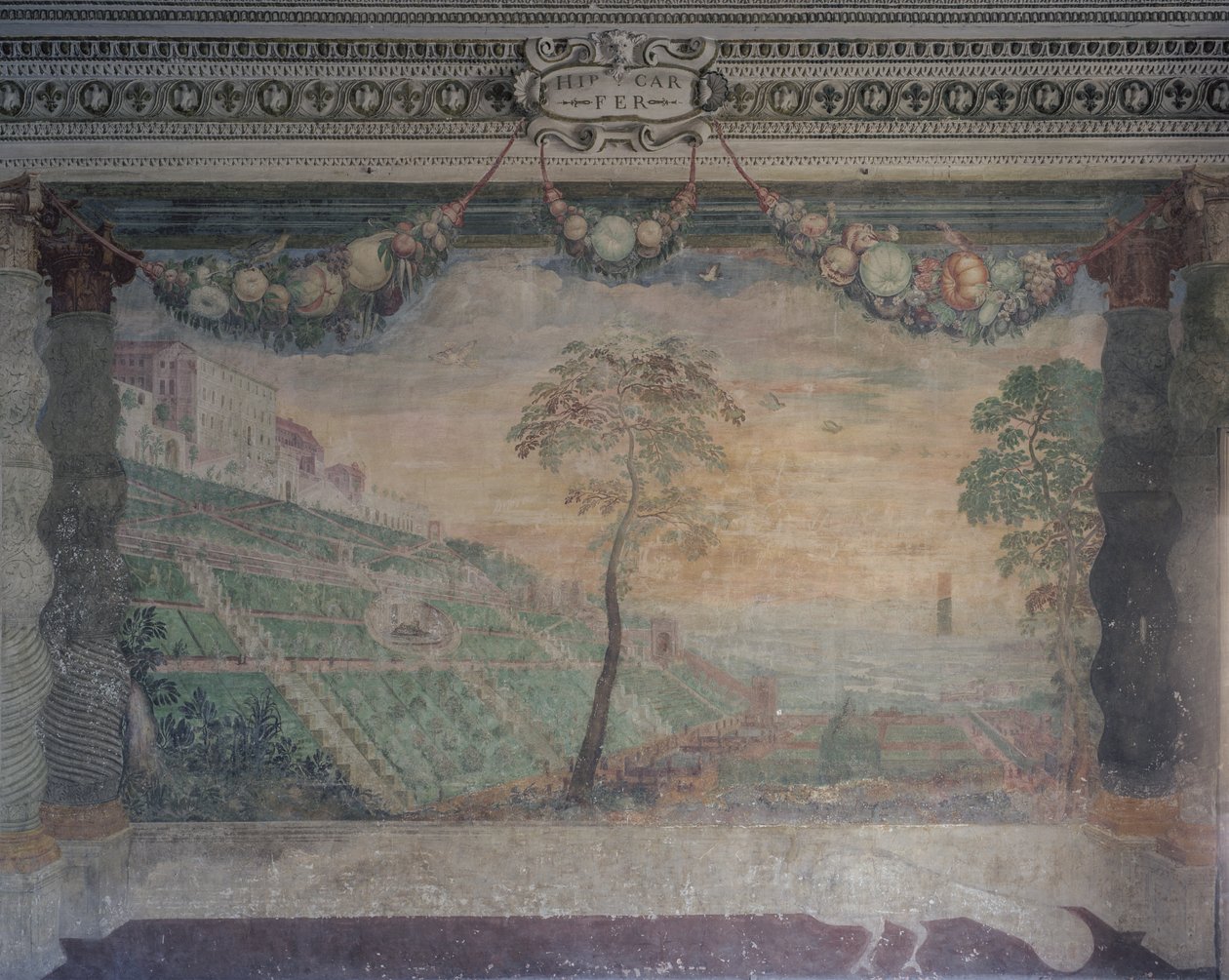Udsigt over villaen baseret på det originale design, Hall of the Fountain af Girolamo Muziano