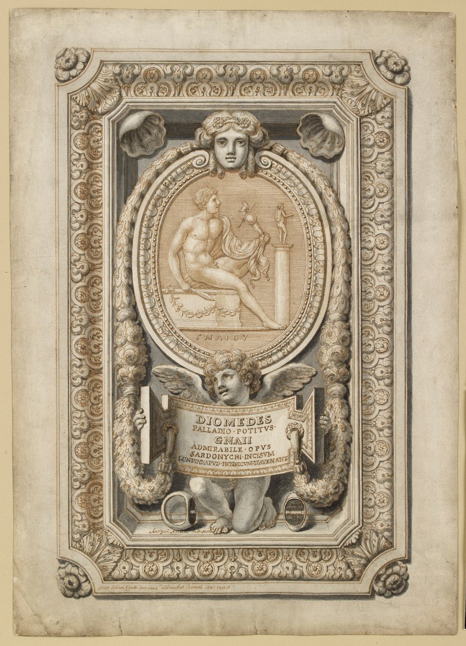 Design til en graveret perle i dekorative omgivelser, 1722 af Girolamo Odam