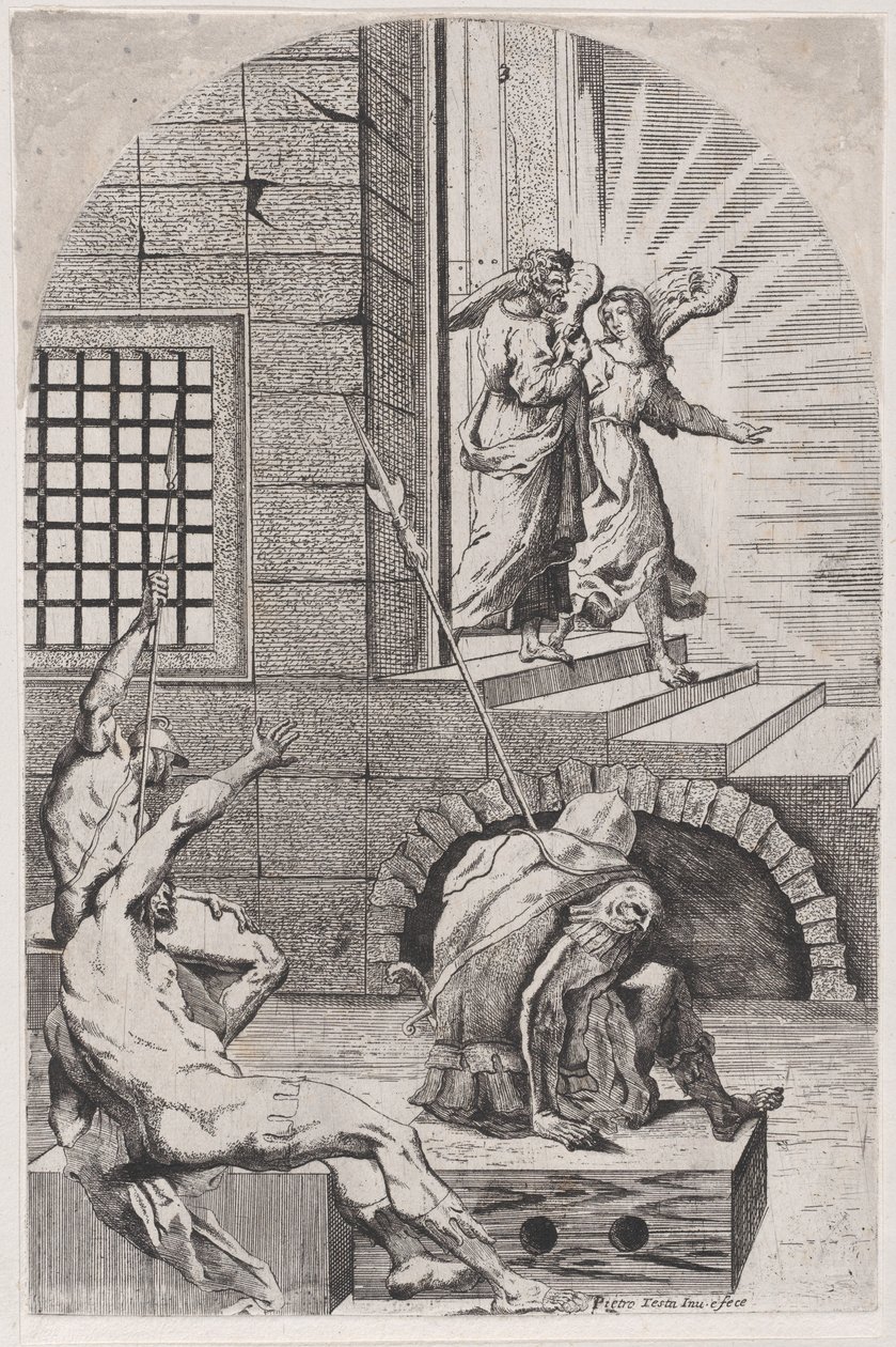 Sankt Peter bliver løsladt fra fængslet af englen, 1650-70. af Girolamo Pedrignani