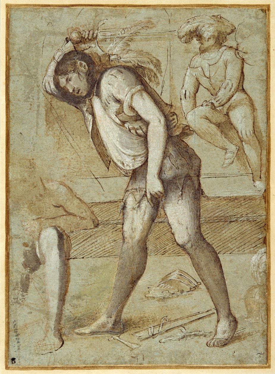 En bøddel, der er ved at halshugge en skægget helgen (pen og brunt blæk med brun vask forhøjet med hvid kropsfarve over rødt kridt på carta azzurra) af Girolamo Romanino